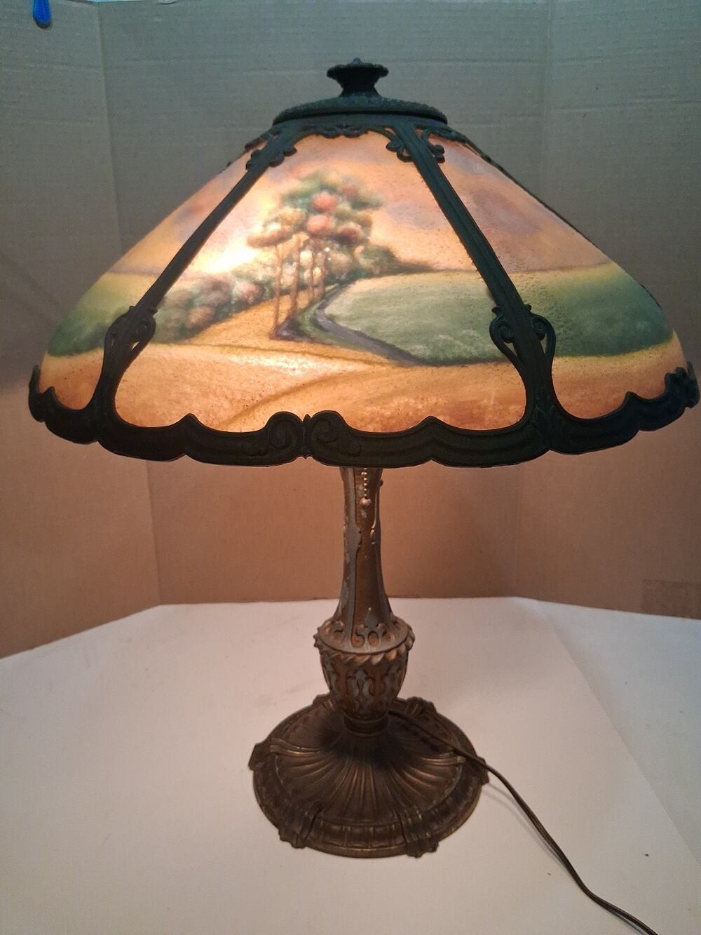Antique Chipped Ice, Reverse Paint Glass Panel Duel Table Lamp Scenic Landscape